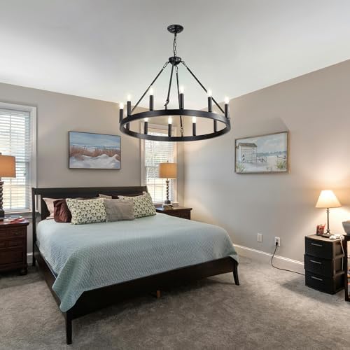 Black Wagon Wheel Chandelier, 12-Lights 32 Inch Farmhouse Pendant Light Fixture, Round Rustic Hanging Lighting for Dining Room Kitchen Island Foyer Entryway