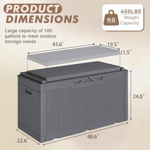 devoko 100 gallon deck box waterproof outdoor storage showing dimensions