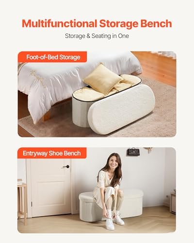 vevor oval storage ottoman bench, foldable teddy fleece showing dimensions
