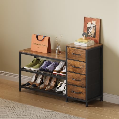 exotica industrial shoe storage bench with 4 drawers, close-up detail