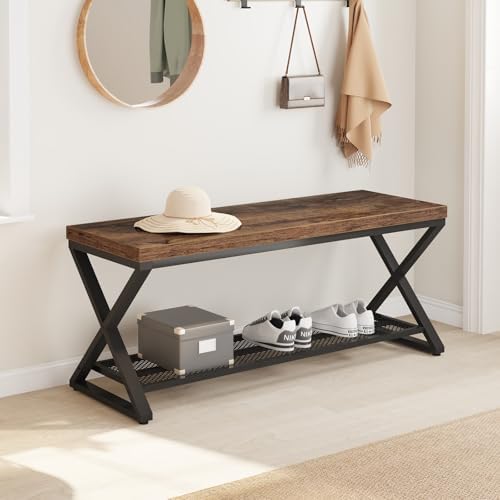 lvb rustic brown entryway bench, 39" industrial shoe, close-up detail