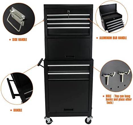 6-drawer tool chest, detachable top for garage, black showing dimensions