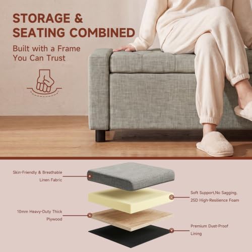 46" storage ottoman bench, 30gal linen tufted, end, side view