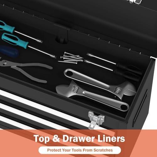 3 drawer metal tool box, heavy duty steel on a desk or shelf