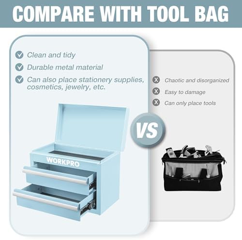 workpro metal mini tool box with 2 drawers showing dimensions