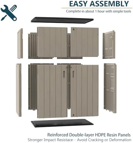 homspark outdoor storage shed 57 cu.ft, all-weather resistant showing dimensions