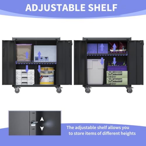 metal garage storage cabinet on wheels, lockable rolling showing dimensions