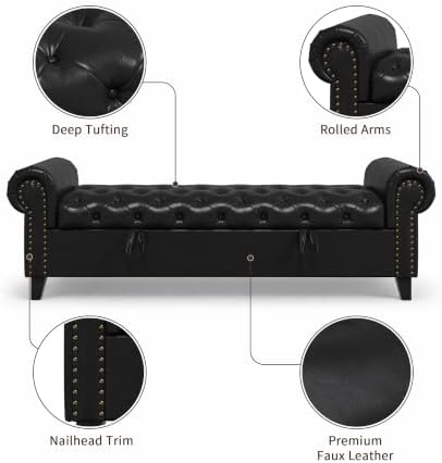 67 inch faux leather storage bench with rolled, side view