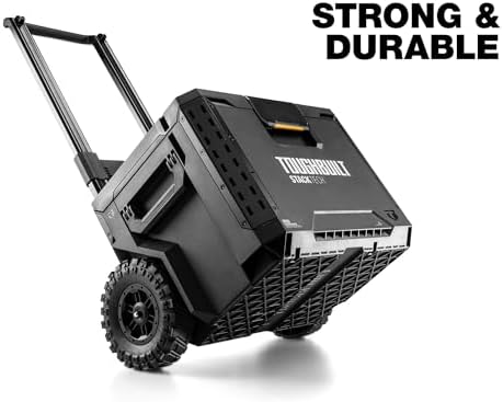 toughbuilt stacktech rolling tool box with 9-inch wheels, front angle view