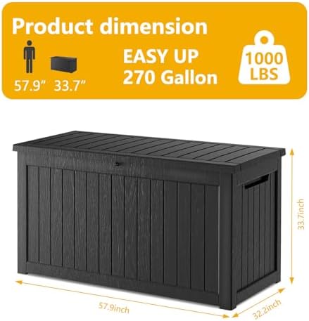 270 gallon waterproof outdoor storage box, lockable deck shown in use