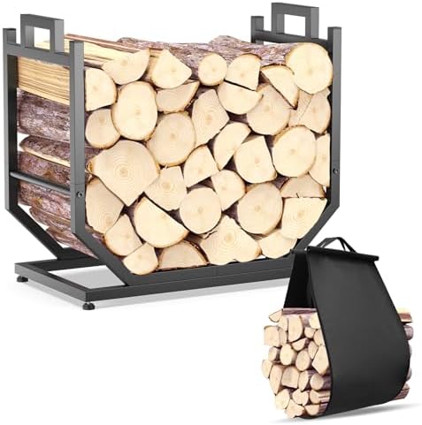 firewood rack, indoor/outdoor firewood holder with firewood carrier shown in use