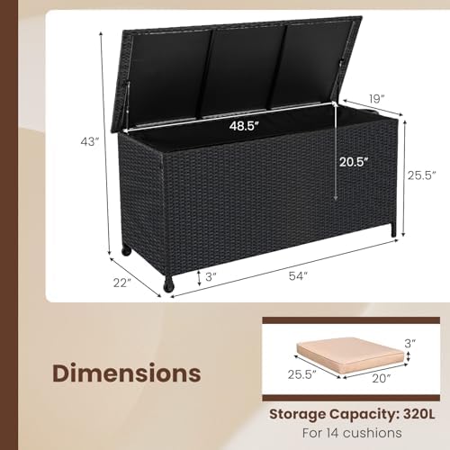 tangkula rattan deck box, 85 gallon storage container, front angle view
