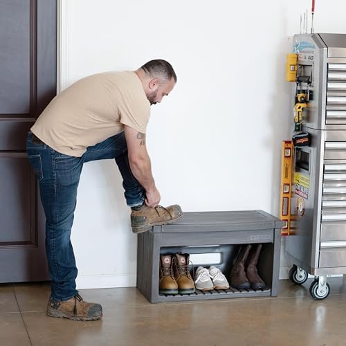 step2 lakewood boot bench, functional entryway rack, shoe shown in use