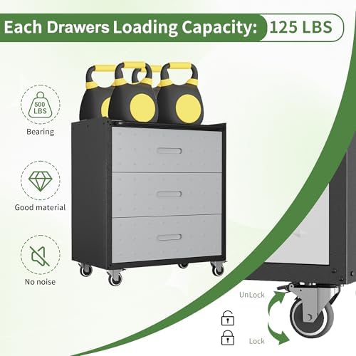 3 drawer metal mobile garage tool storage cabinet, side view