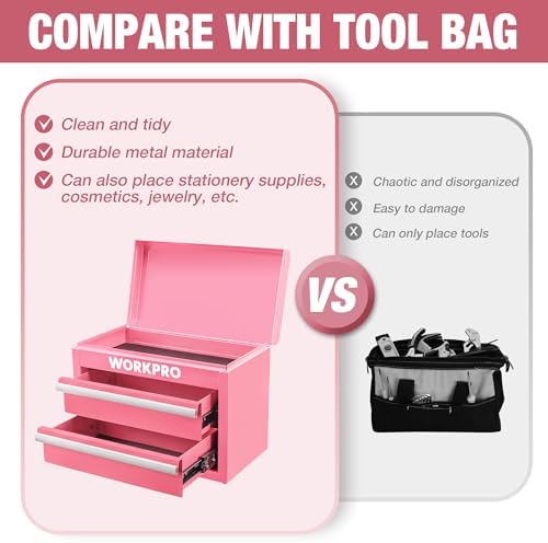 workpro metal mini tool box with 2 drawers showing dimensions