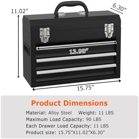portable metal tool box with drawers, latches tool shown in use