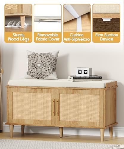akxomel 39.4" rattan shoe storage bench 2 doors showing dimensions