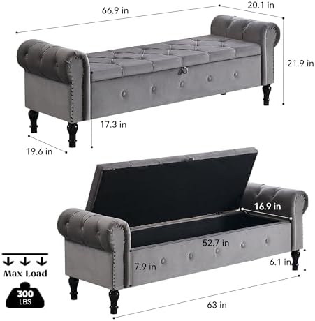storage bench 67" velvet end of bed benches shown in use