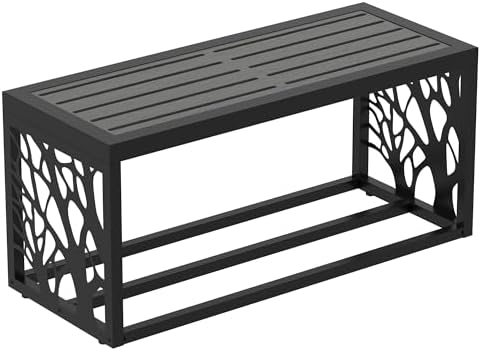 37" outdoor storage bench, hdpe seat, steel frame, front angle view