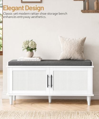 akxomel 39.4" rattan shoe storage bench 2 doors, side view