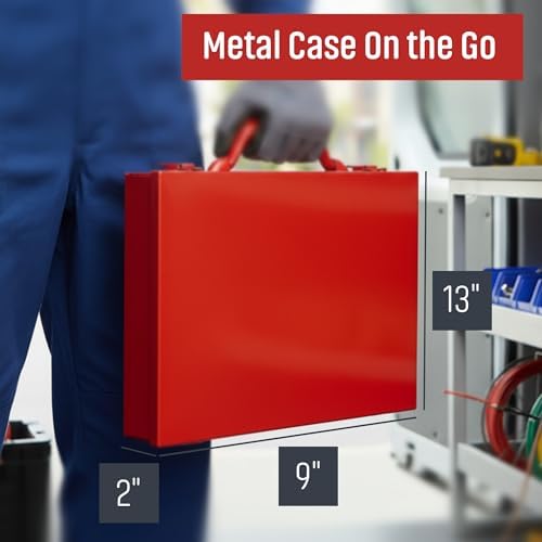 metal organizer box with 10 removable compartments, red shown in use