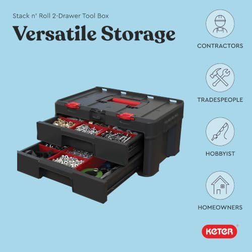keter stack-n-roll two drawer tool box for small on a desk or shelf