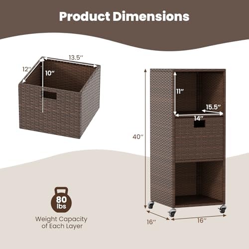 tangkula rattan outdoor storage cabinet with 4 wheels, close-up detail