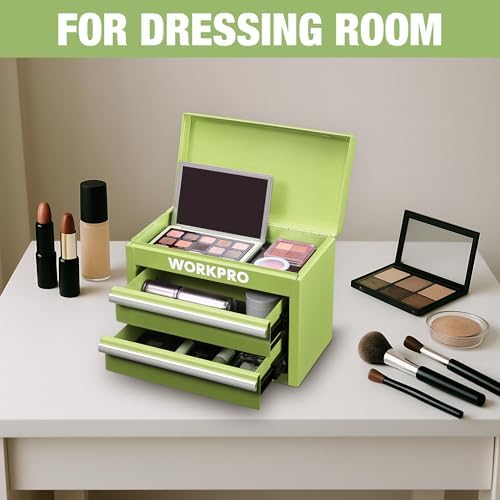 workpro metal mini tool box with 2 drawers on a desk or shelf