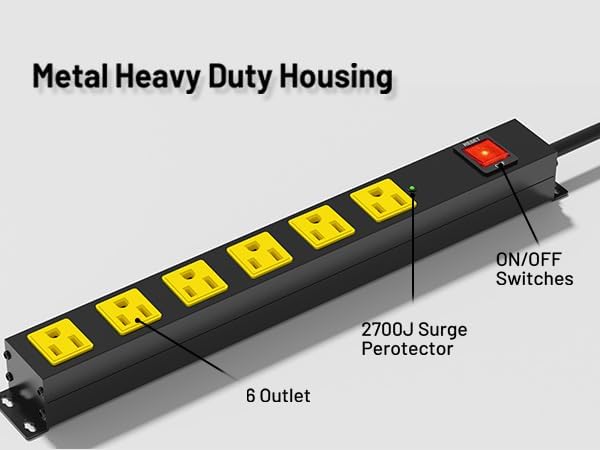 Heavy Duty 6 Outlet Metal Long Power Strip, 2700J Surge Protector - Image 2
