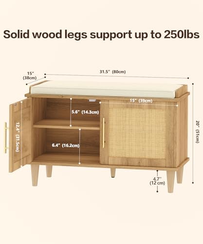 akxomel 31.5" rattan shoe storage bench 2 doors, close-up detail