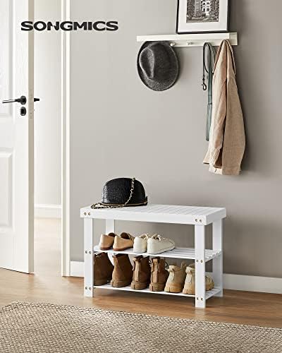 songmics shoe rack bench, 3-tier bamboo entryway bench shown in use