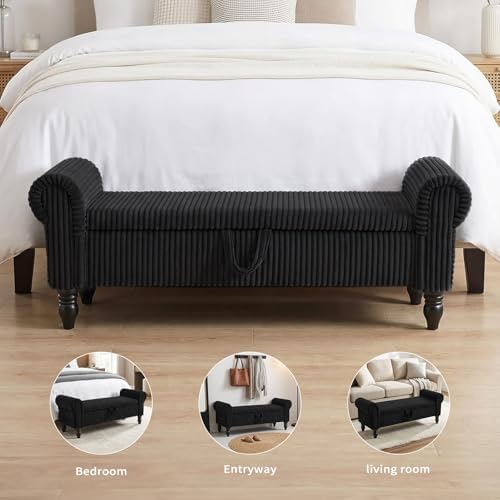 55" corduroy storage ottoman bench, queen bed, black, close-up detail