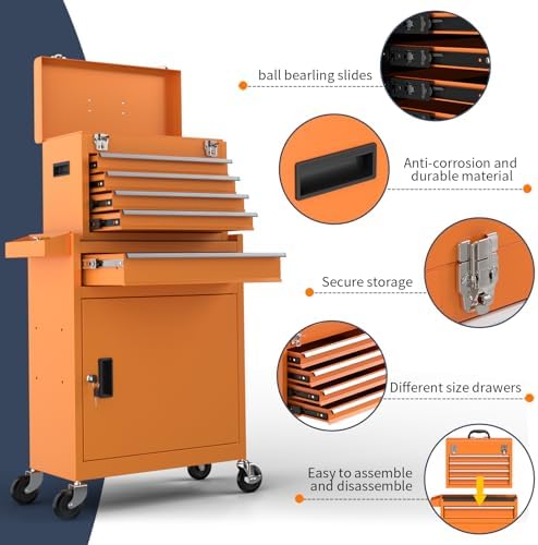 5-drawer high capacity rolling tool chest, removable cabinet, front angle view