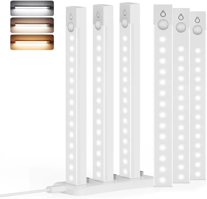 6-Pack 8-Inch Under Cabinet Lighting with Charging Station Rechargeable Motion Sensor Light Indoor 3 Color Dimmable Closet Light USB LED Magnetic Wireless Under Counter Lights for Kitchen Stair