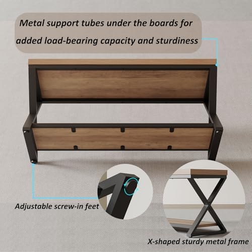 ibf rustic entryway bench with storage, rustic oak, side view