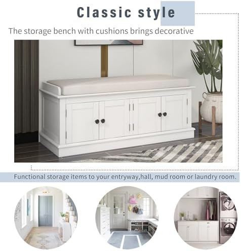 gdfstudio rustic storage bench with 4 doors and showing dimensions