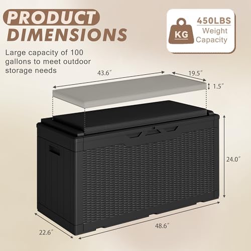 devoko 100 gallon deck box waterproof outdoor storage showing dimensions