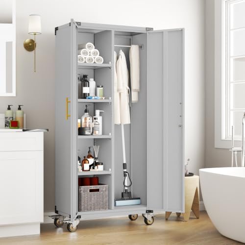 pozdeg 71" rolling lockable metal broom closet storage on a desk or shelf