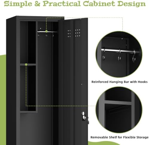 utility closet for cleaning supplies, black metal storage, side view