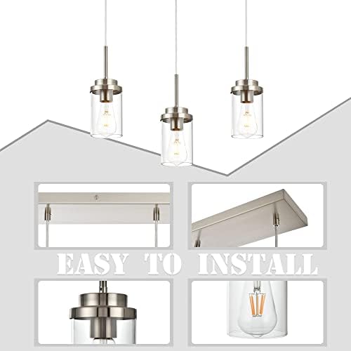 MELUCEE Kitchen Pendant Lighting Over Island 3 Light Brushed Nickel Finish | Linear Chandelier Dining Room Light Fixtures Ceiling Hanging Lamp with Clear Glass Shade, 20.5 Inches Length