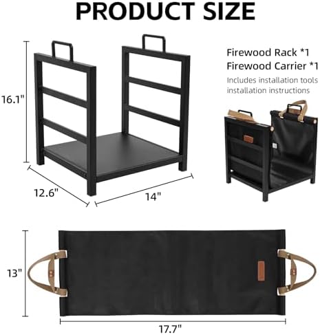 firewood rack indoor outdoor with firewood carrier, fireplace shown in use