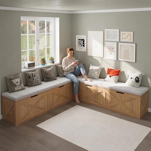 bobve l-shape storage bench with cushion, backless corner showing dimensions