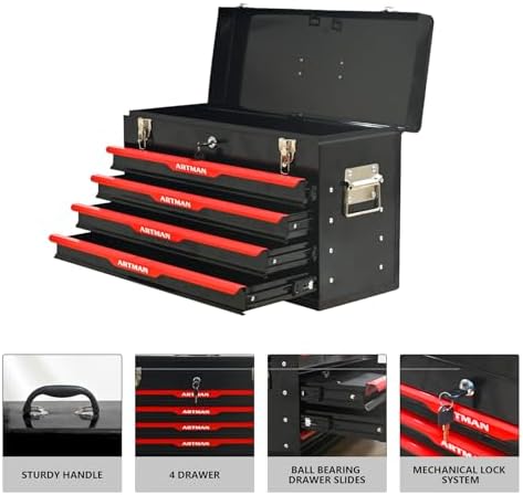 4 drawer 21" heavy duty metal tool box showing dimensions