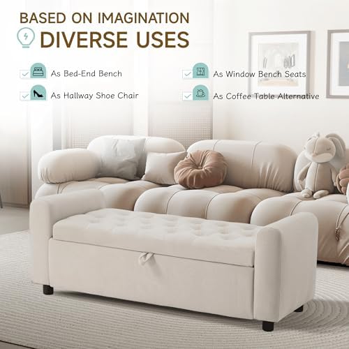 ottoman with storage, tufted storage bench for bedroom showing dimensions