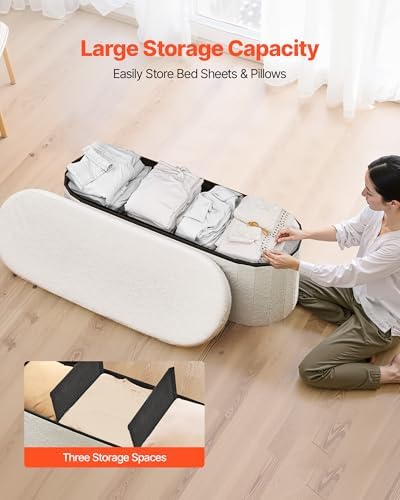 vevor oval storage ottoman bench, foldable teddy fleece, side view
