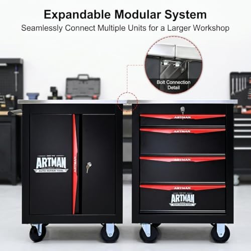 rolling tool chest,stainless steel worktop,black&red,2‑drawer, side view