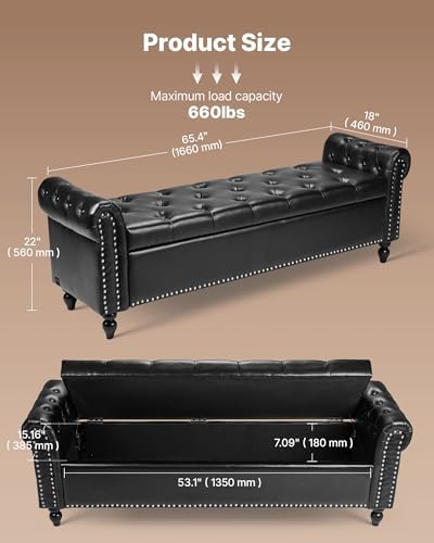 vevor button-tufted storage ottoman bench, rolled arm pu, close-up detail