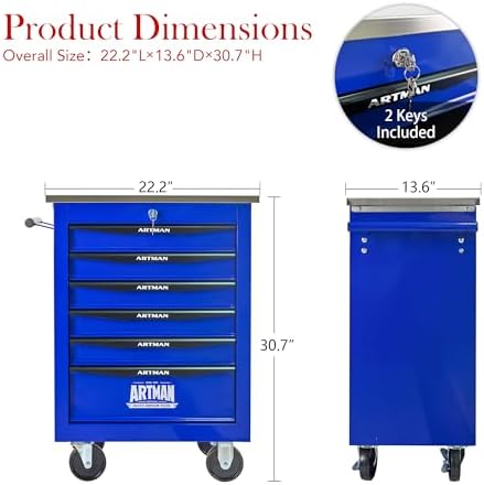 6-drawer rolling tool chest, blue & black modular, close-up detail