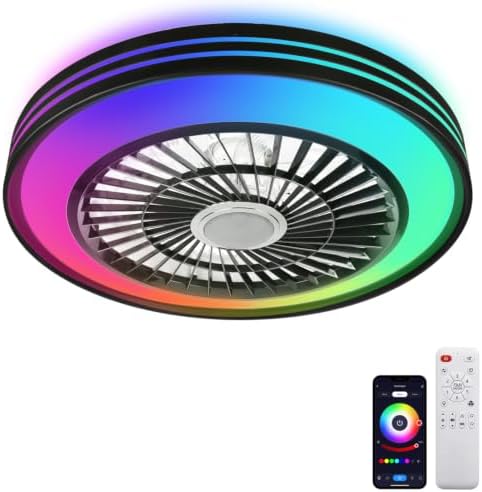 Ceiling Fan with RGB Lights and Speaker Fandelier Caged Low Profile Smart Ceiling Fan Light 2700K-6500K, Flush Mount Fan Light with Remote/APP Control for Garage Game Room Bedroom