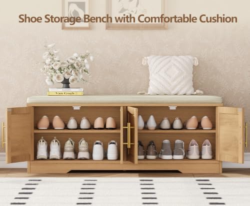 rattan shoe storage bench, 47.2" wide entryway bench showing dimensions